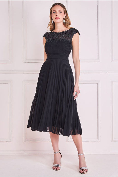 Goddiva Crochet & Pleated Top Midi - Black