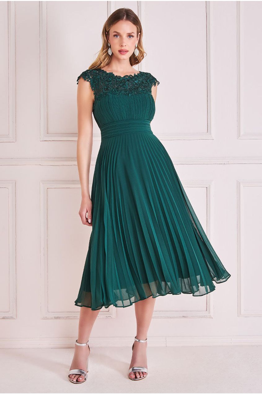 Goddiva Crochet & Pleated Top Midi - Emerald