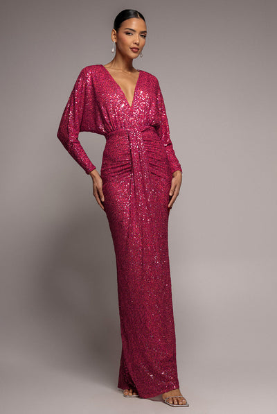 Burgundy - Goddiva Plunge V-Neck Sequin Maxi - Burgundy