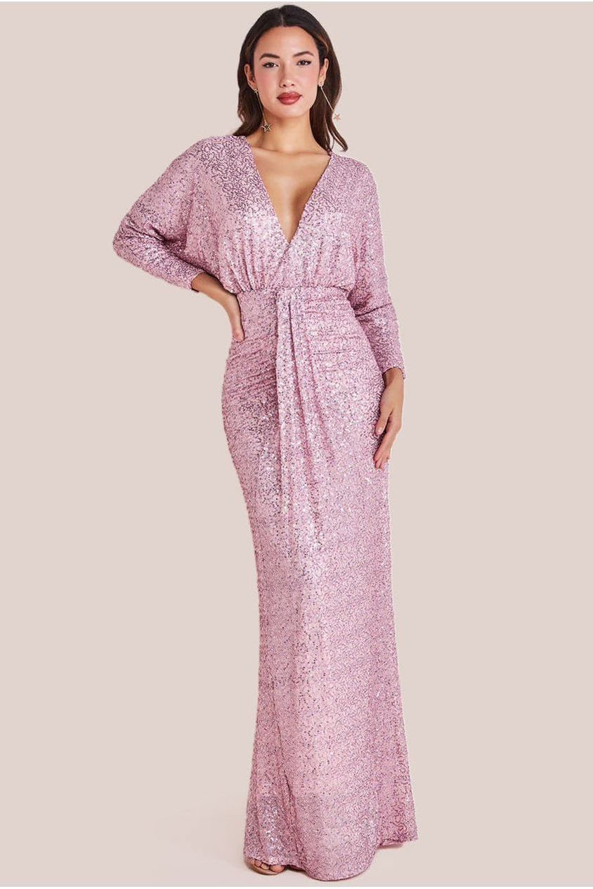 Goddiva Plunge V-Neck Sequin Maxi - Blush