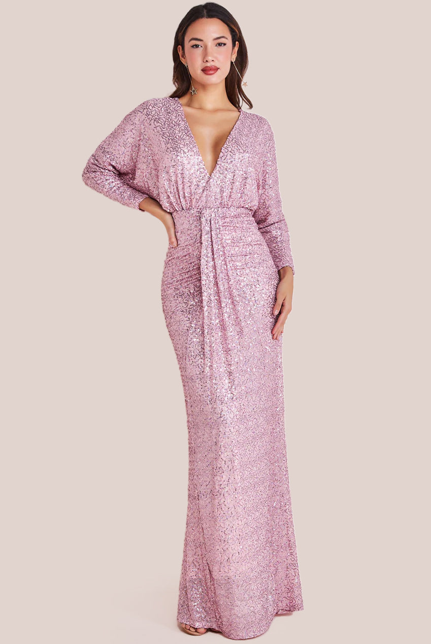 Goddiva Plunge V-Neck Sequin Maxi - Blush