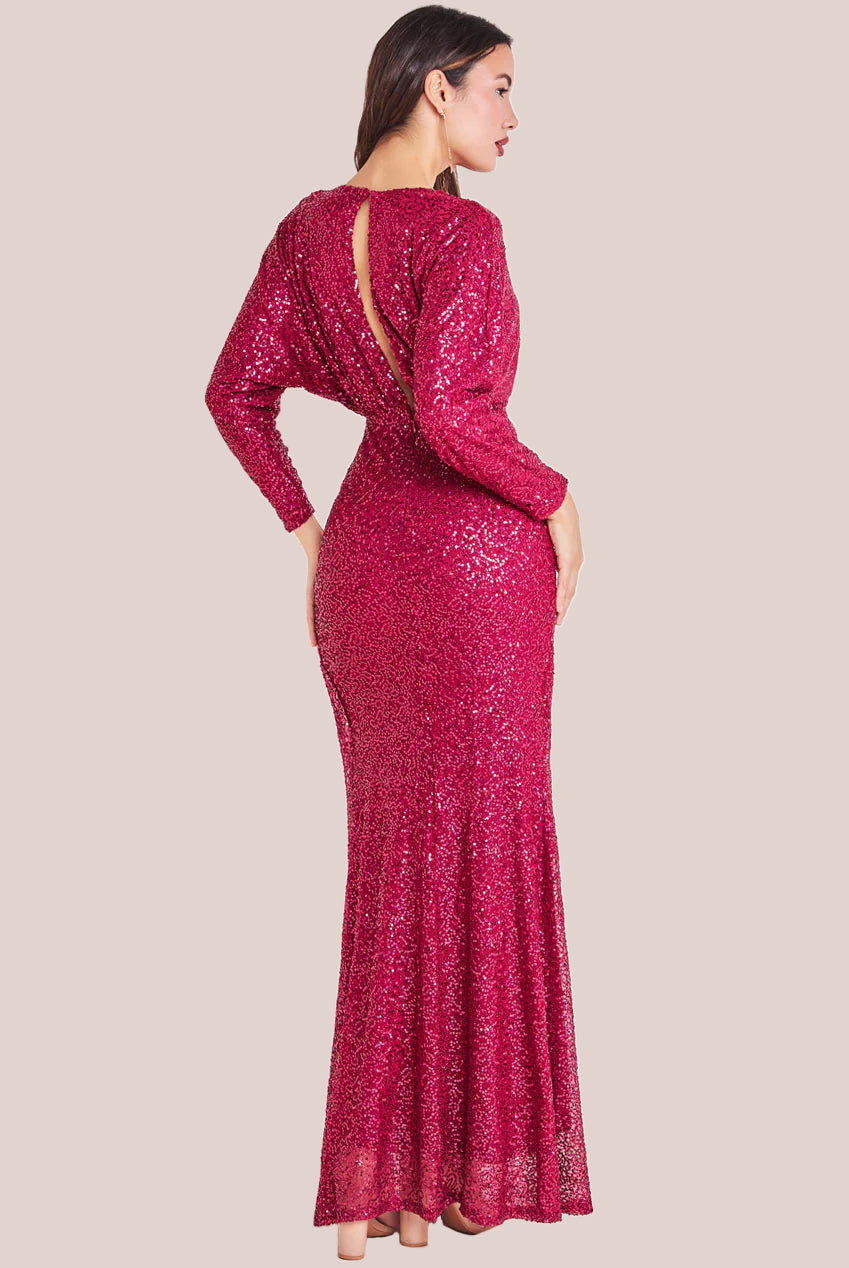 Goddiva Plunge V-Neck Sequin Maxi - Burgundy