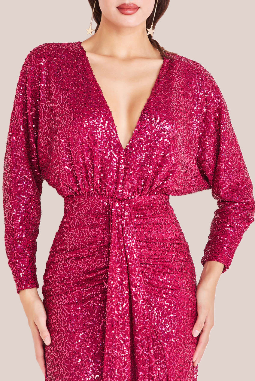 Goddiva Plunge V-Neck Sequin Maxi - Burgundy