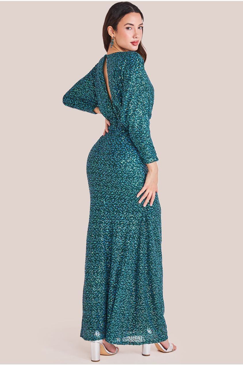 Goddiva Plunge V-Neck Sequin Maxi - Emerald Green