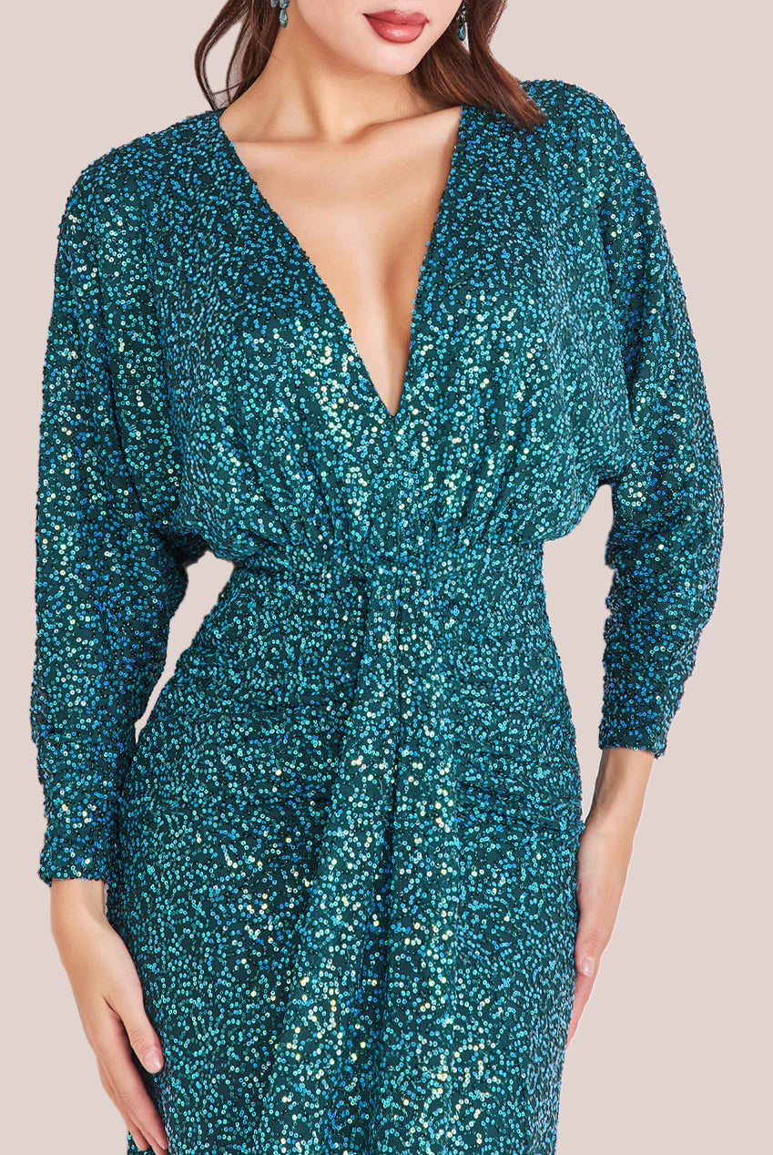 Goddiva Plunge V-Neck Sequin Maxi - Emerald Green