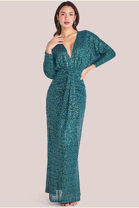 Goddiva Plunge V-Neck Sequin Maxi - Emerald Green