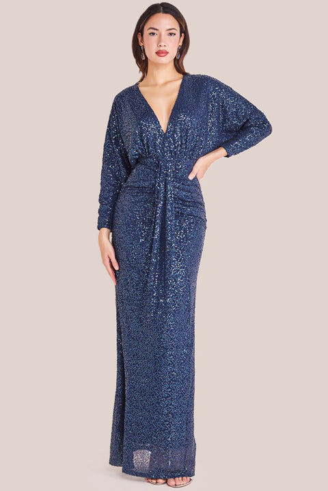 Goddiva Plunge V-Neck Sequin Maxi - Navy