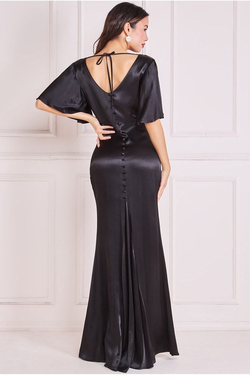 Goddiva Satin Viscose Cowl Neck Maxi With Train - Black