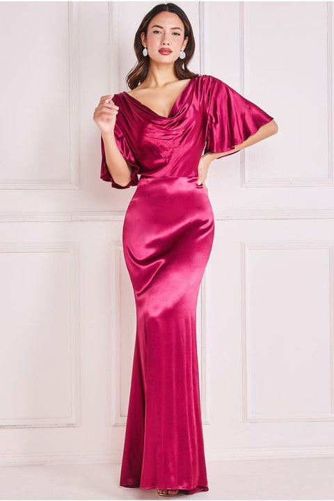 Goddiva Satin Viscose Cowl Neck Maxi With Train - Burgundy