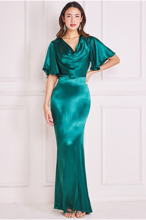 Goddiva Satin Viscose Cowl Neck Maxi With Train - Emerald