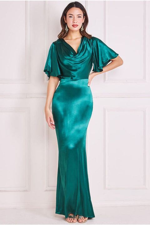 Goddiva Satin Viscose Cowl Neck Maxi With Train - Emerald