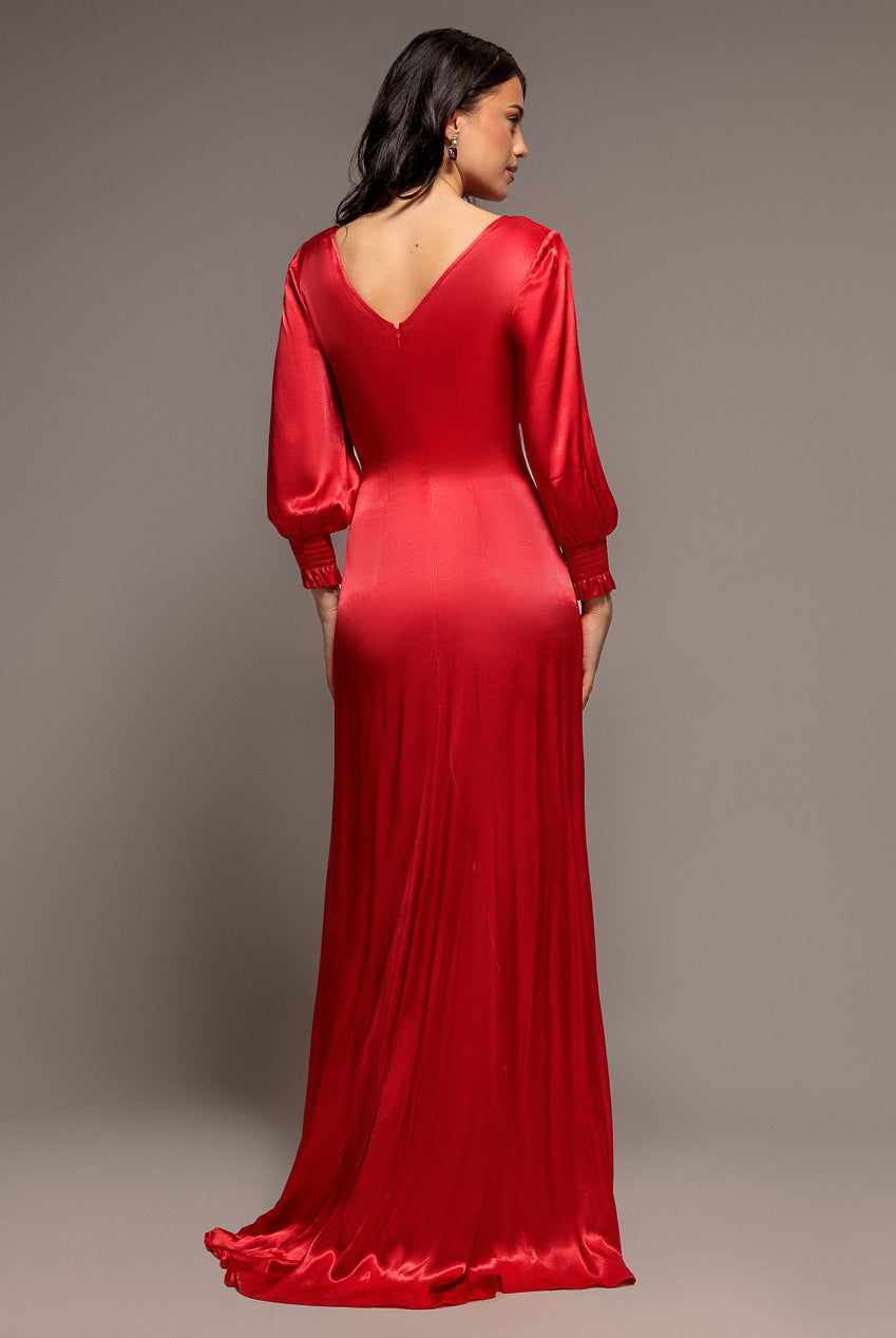 Goddiva Satin Viscose Front Split Maxi - Red
