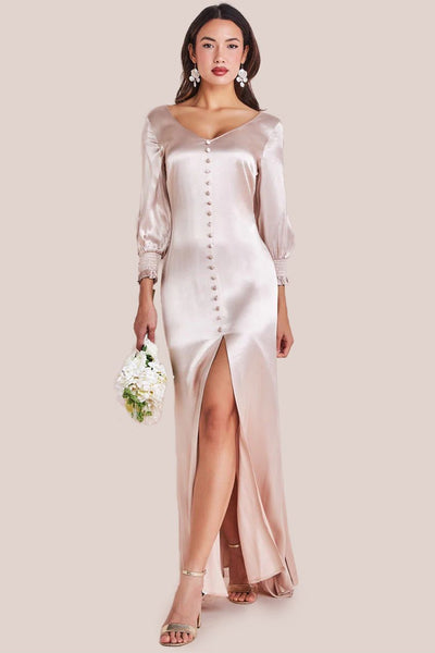 Champagne - Goddiva Satin Viscose Front Split Maxi - Champagne
