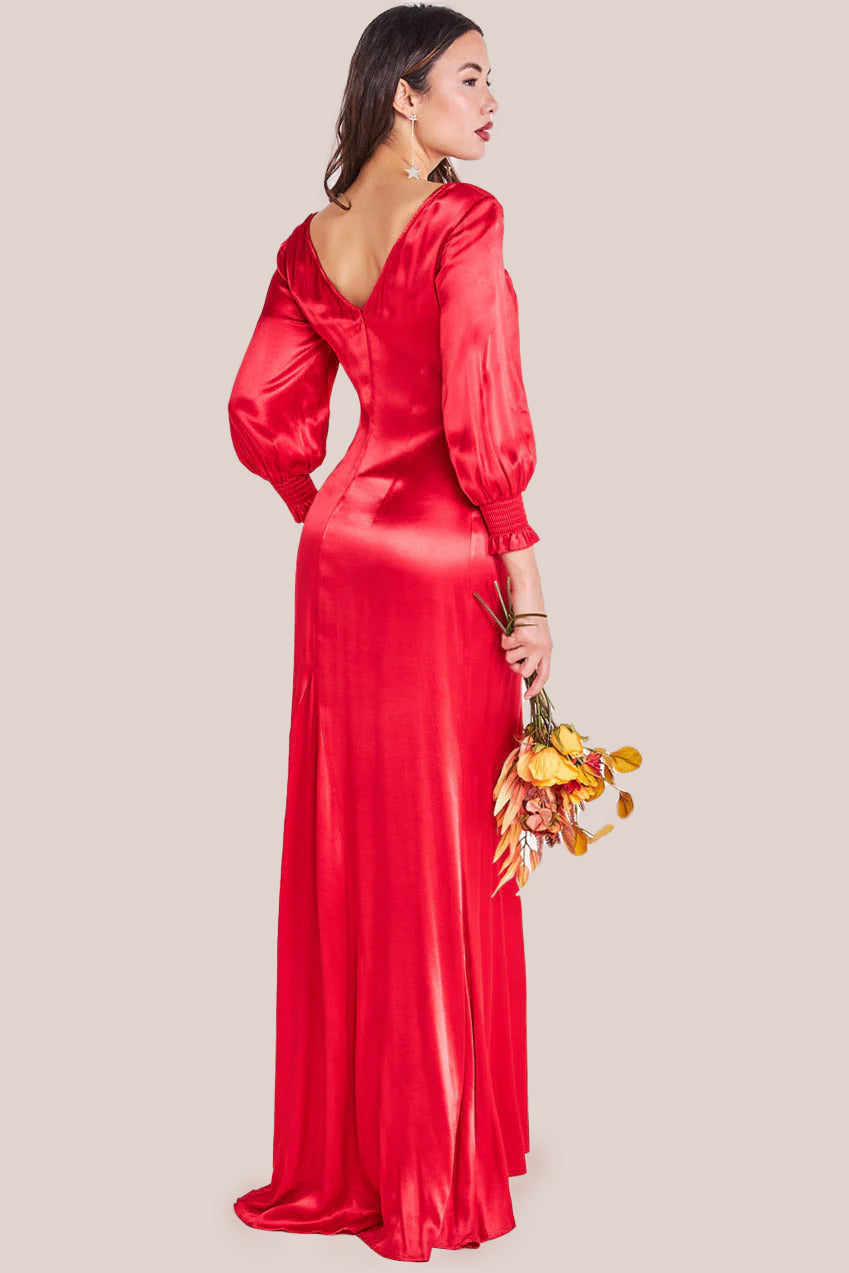 Goddiva Satin Viscose Front Split Maxi - Red