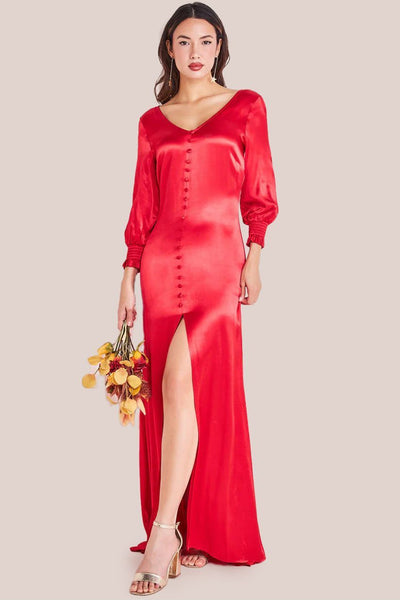 Red - Goddiva Satin Viscose Front Split Maxi - Red