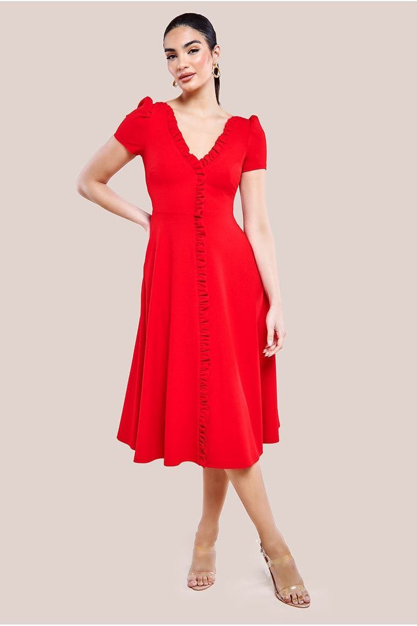 Goddiva Front Frill Flared Scuba Midi Dress - Red