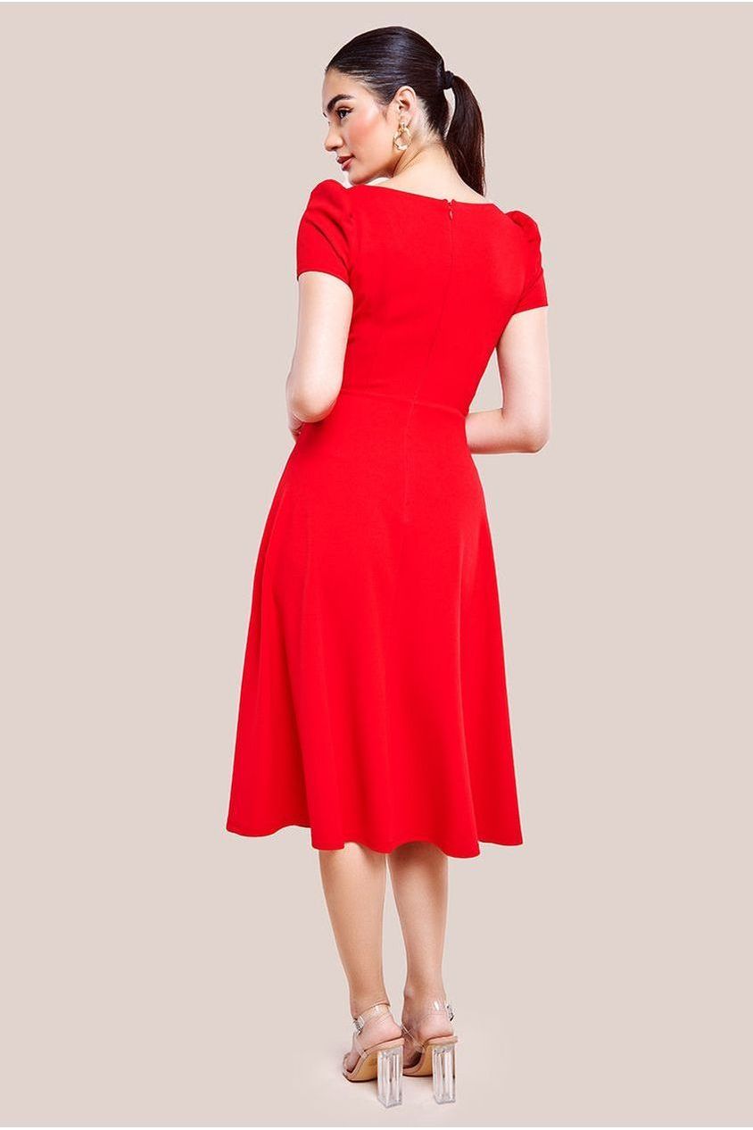 Goddiva Front Frill Flared Scuba Midi Dress - Red