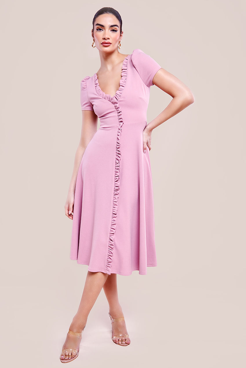 Goddiva Front Frill Flared Scuba Midi Dress - Rose Pink