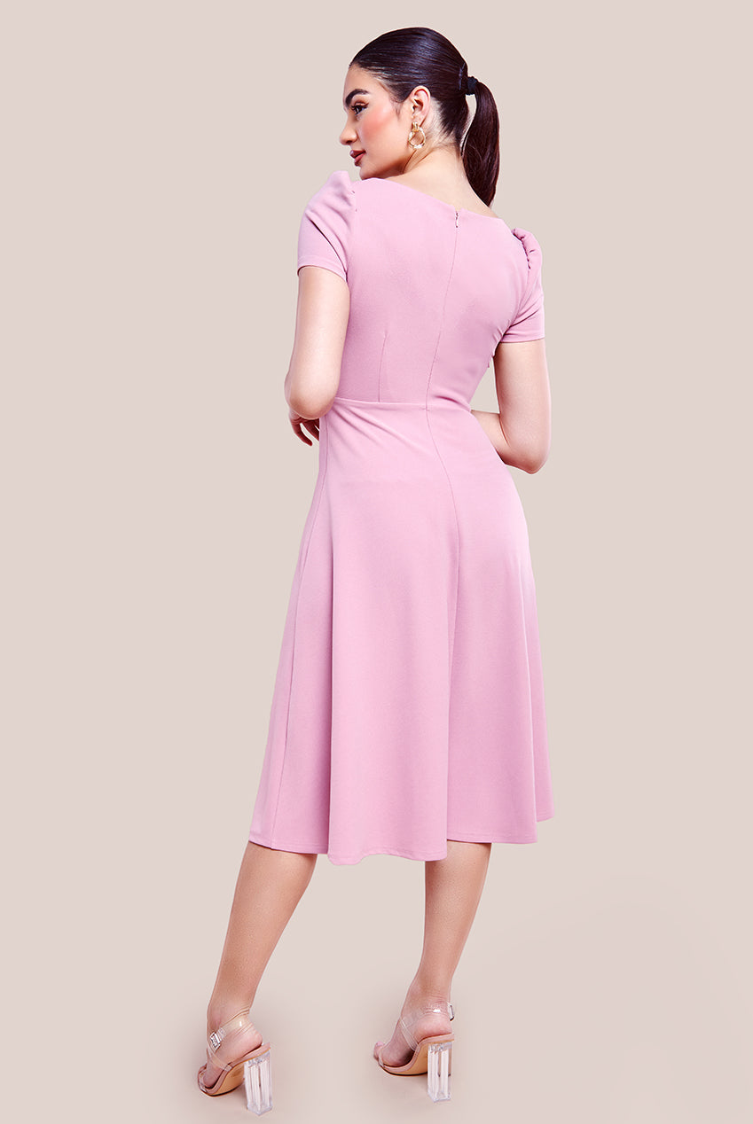 Goddiva Front Frill Flared Scuba Midi Dress - Rose Pink