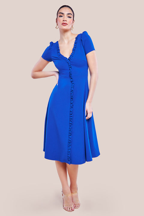 Goddiva Front Frill Flared Scuba Midi Dress - Royal Blue