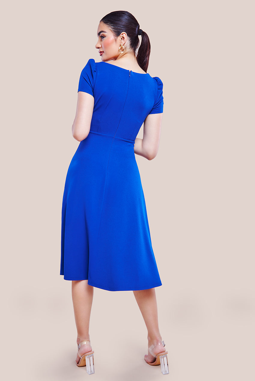 Goddiva Front Frill Flared Scuba Midi Dress - Royal Blue