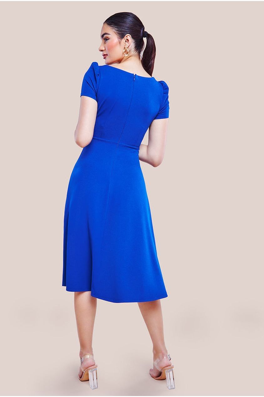 Goddiva Front Frill Flared Scuba Midi Dress - Royal Blue