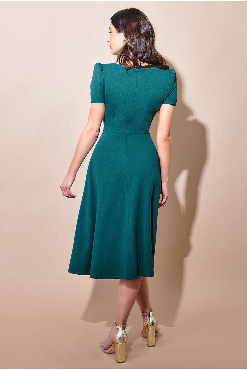 Goddiva Front Frill Flared Scuba Midi Dress - Emerald Green