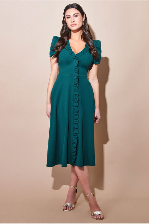 Goddiva Front Frill Flared Scuba Midi Dress - Emerald Green