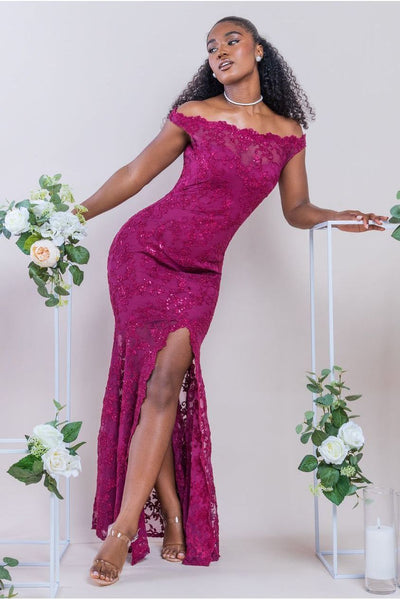 Burgundy - Goddiva Lace Scallop Edge Mermaid Maxi Dress - Burgundy
