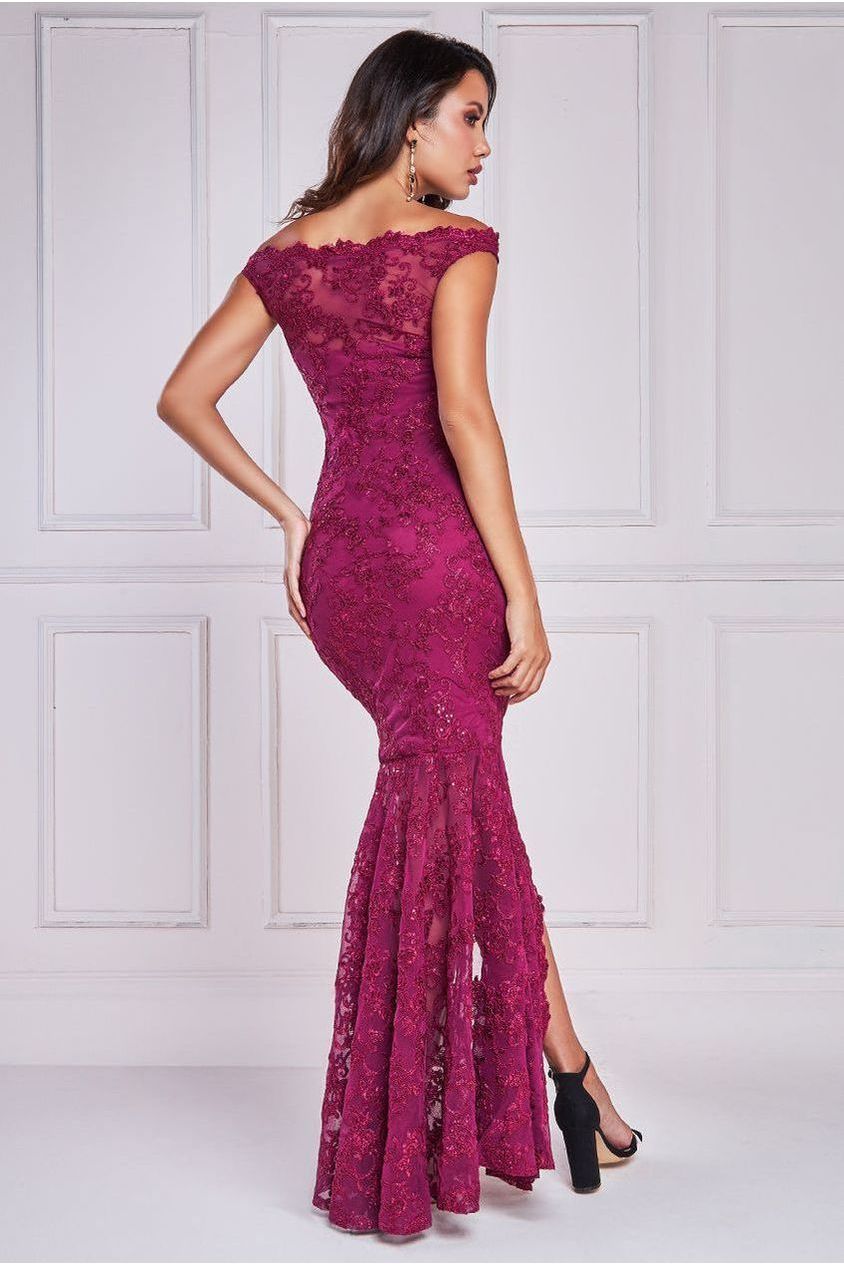 Goddiva Lace Scallop Edge Mermaid Maxi Dress - Burgundy