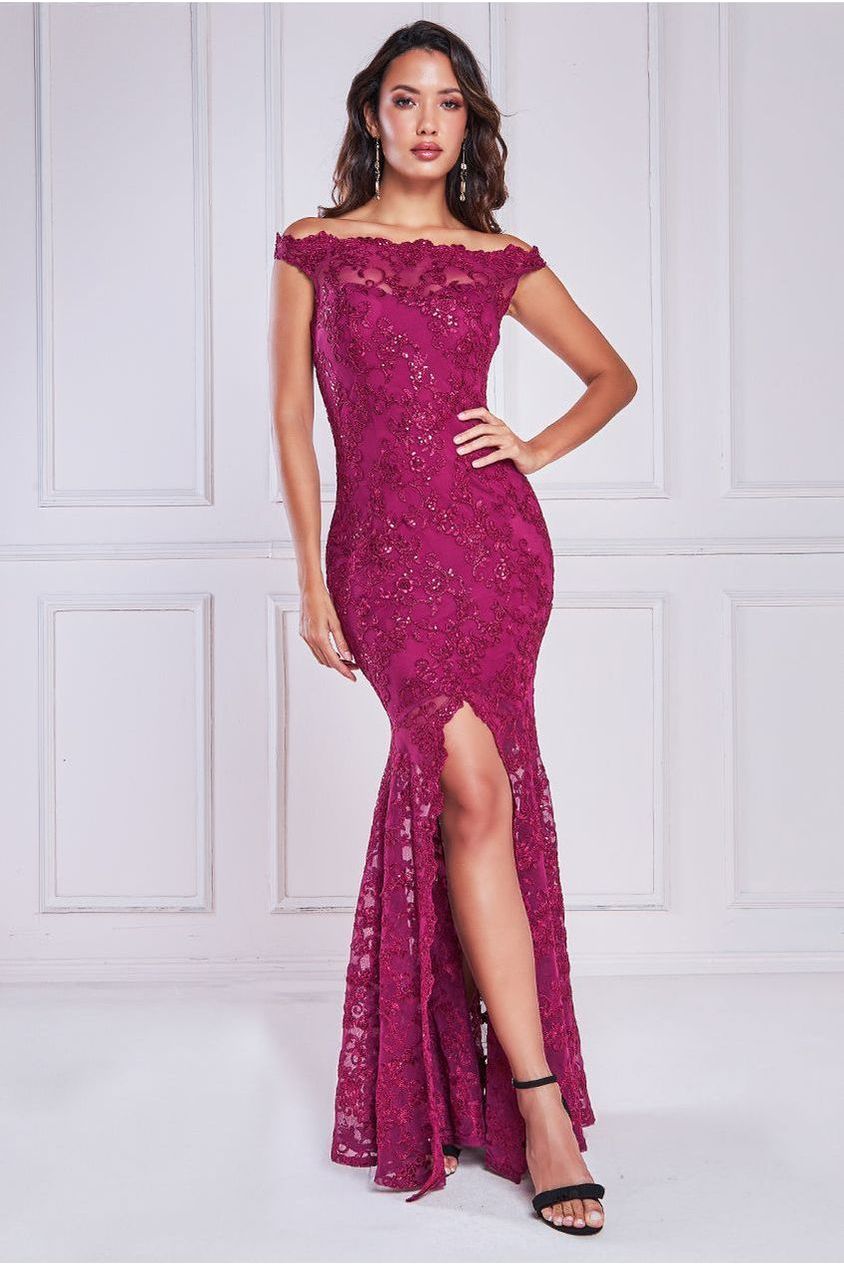 Goddiva Lace Scallop Edge Mermaid Maxi Dress - Burgundy