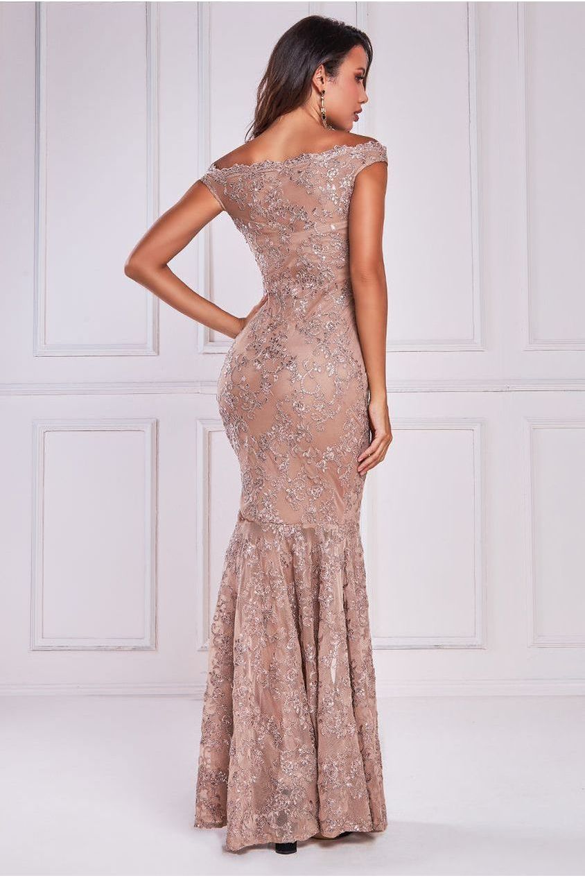 Goddiva Lace Scallop Edge Mermaid Maxi Dress - Champagne