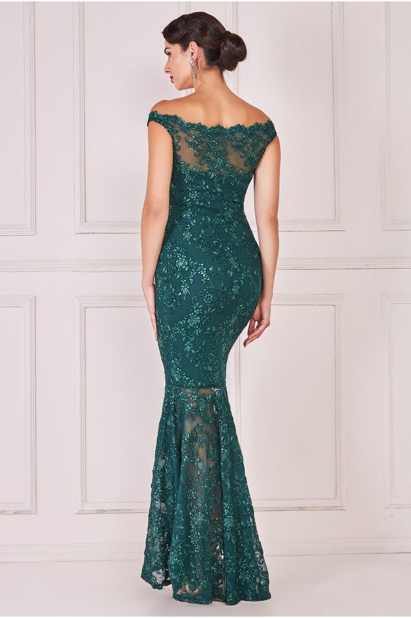 Goddiva Lace Scallop Edge Mermaid Maxi Dress - Emerald Green