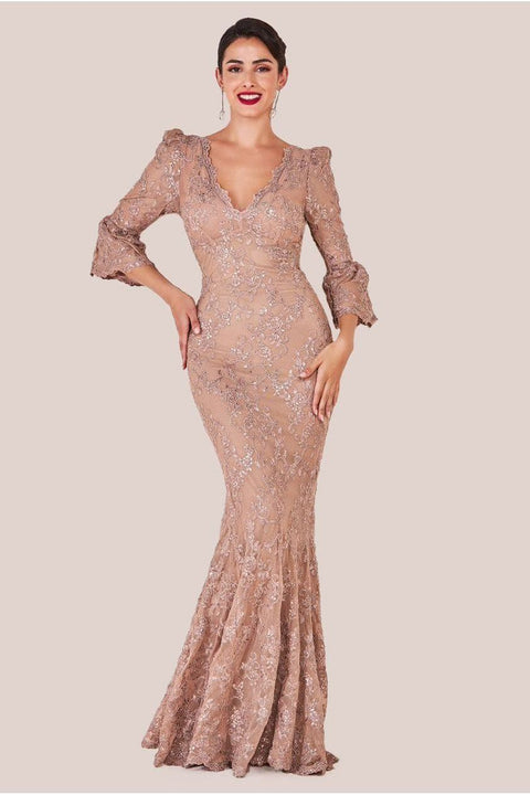 Goddiva Scalloped Lace Maxi Dress - Champagne