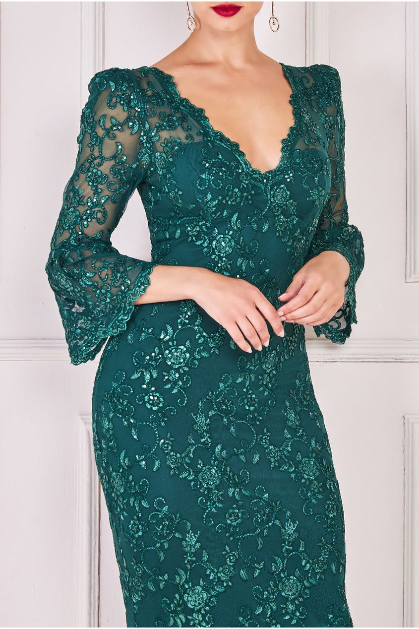 Goddiva Scalloped Lace Maxi Dress - Emerald Green