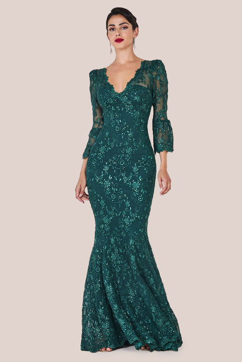 Goddiva Scalloped Lace Maxi Dress - Emerald Green