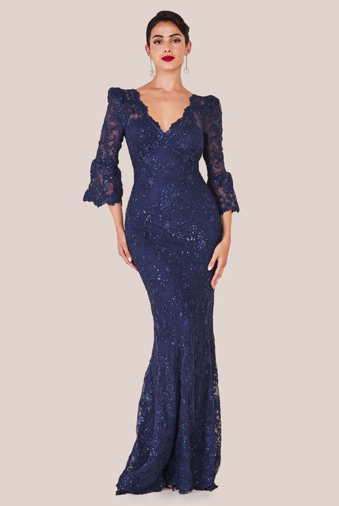 Goddiva Scalloped Lace Maxi Dress - Navy