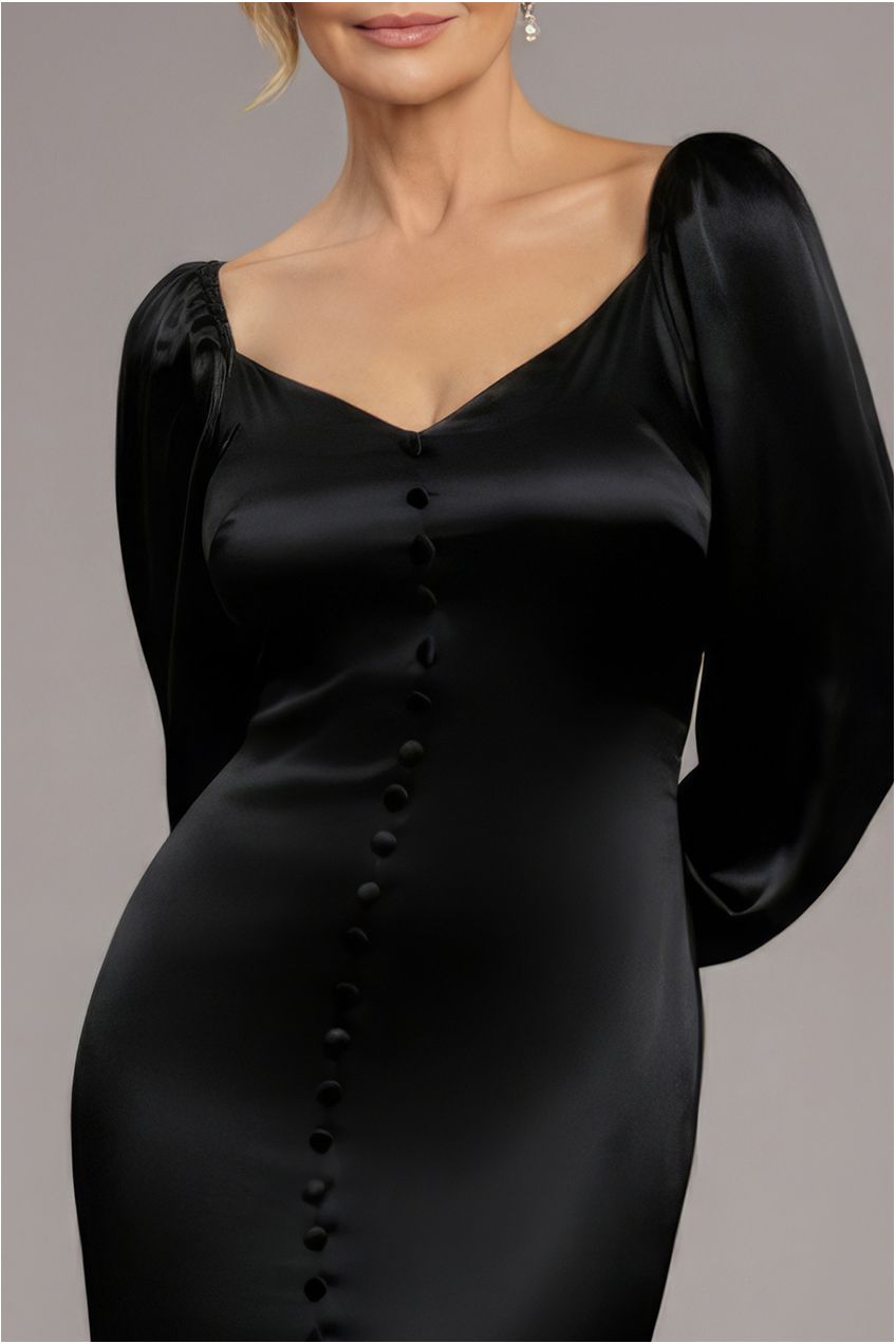 Goddiva Satin Viscose Front Buttoned Dipped Hem Midaxi Dress - Black