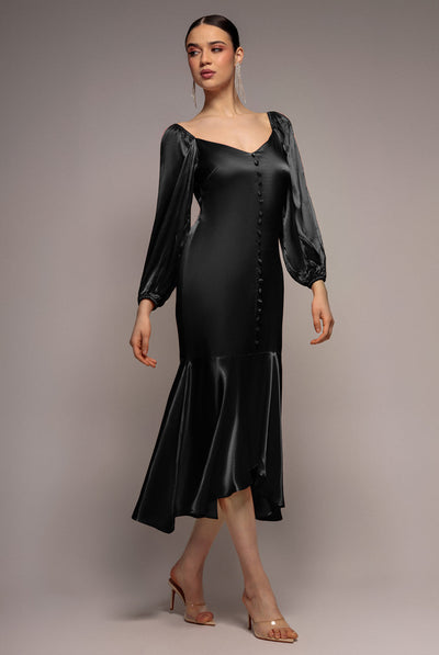 Goddiva Satin Viscose Front Buttoned Dipped Hem Midaxi Dress - Black