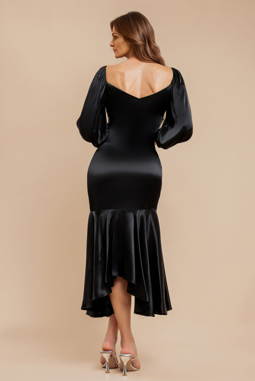 Goddiva Satin Viscose Front Buttoned Dipped Hem Midaxi Dress - Black