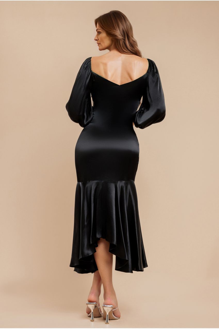 Goddiva Satin Viscose Front Buttoned Dipped Hem Midaxi Dress - Black