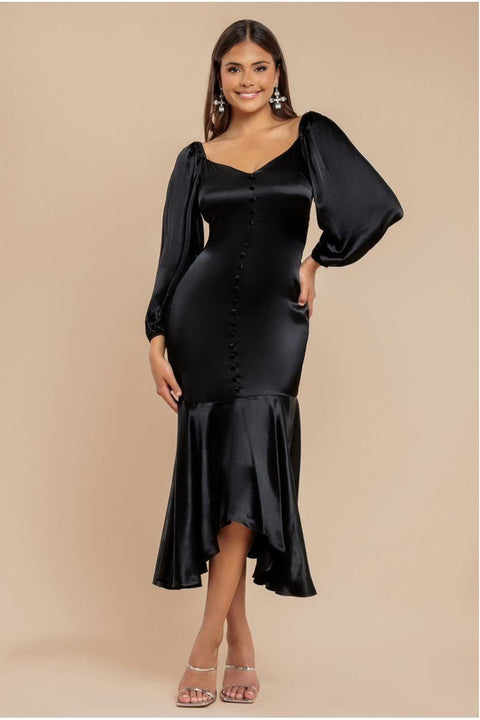 Goddiva Satin Viscose Front Buttoned Dipped Hem Midaxi Dress - Black