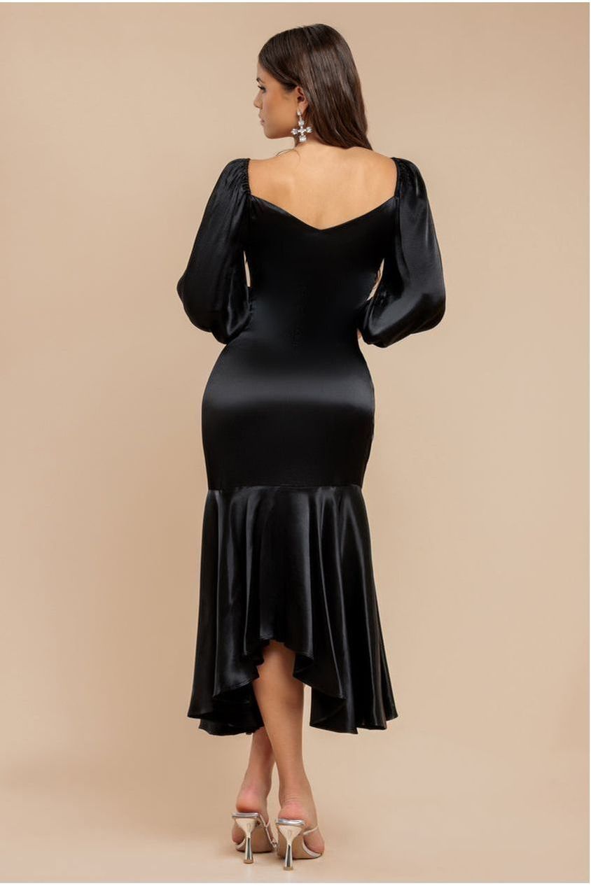 Goddiva Satin Viscose Front Buttoned Dipped Hem Midaxi Dress - Black