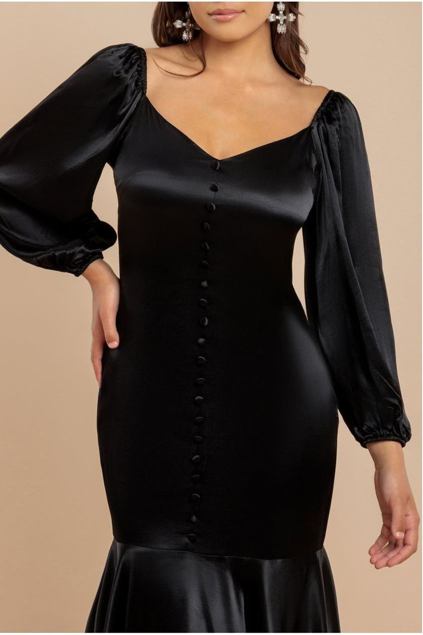 Goddiva Satin Viscose Front Buttoned Dipped Hem Midaxi Dress - Black