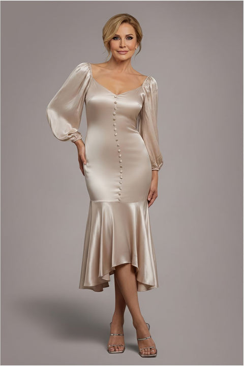 Goddiva Satin Viscose Front Buttoned Dipped Hem Midaxi Dress - Champagne