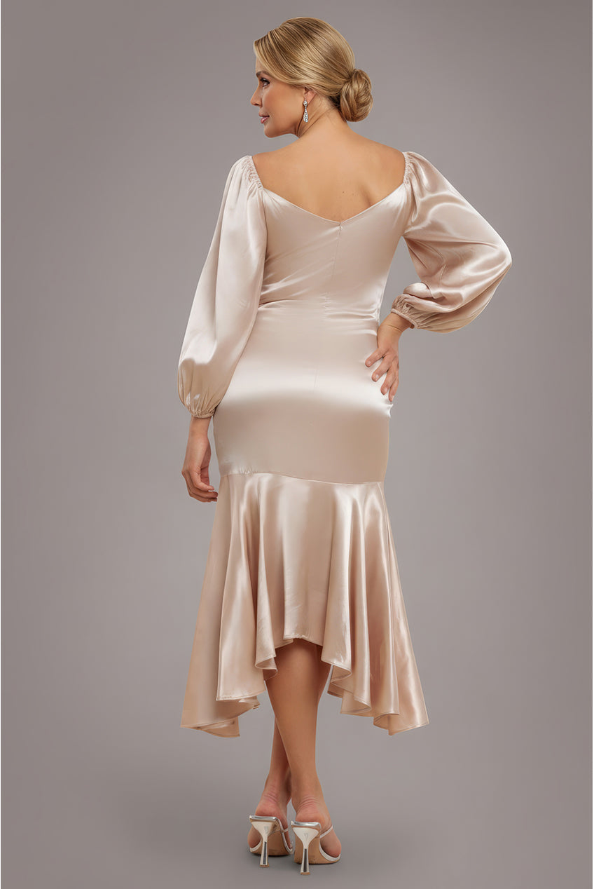 Goddiva Satin Viscose Front Buttoned Dipped Hem Midaxi Dress - Champagne