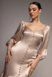 Goddiva Satin Viscose Front Buttoned Dipped Hem Midaxi Dress - Champagne