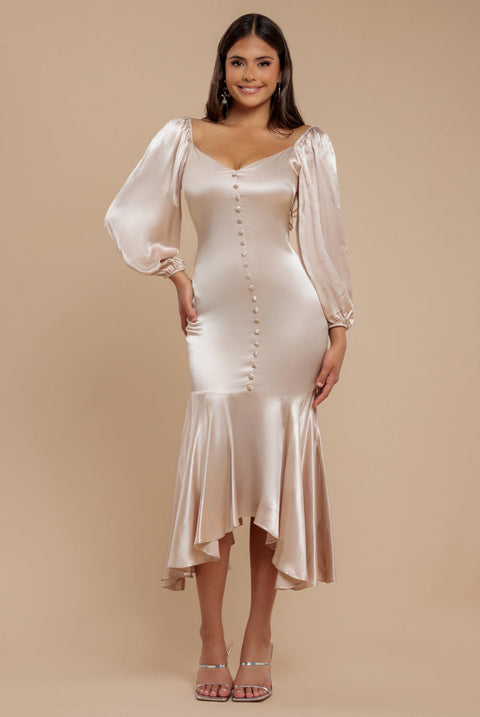 Goddiva Satin Viscose Front Buttoned Dipped Hem Midaxi Dress - Champagne