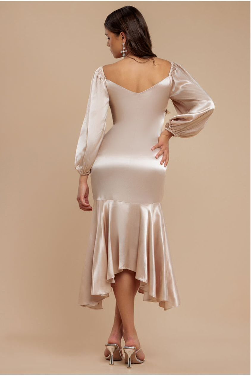 Goddiva Satin Viscose Front Buttoned Dipped Hem Midaxi Dress - Champagne