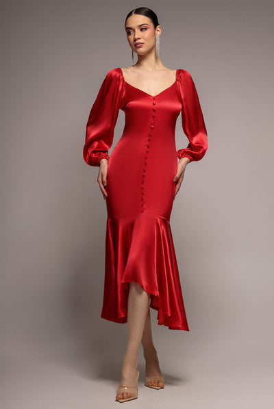 Red - Goddiva Satin Viscose Front Buttoned Dipped Hem Midaxi Dress - Red